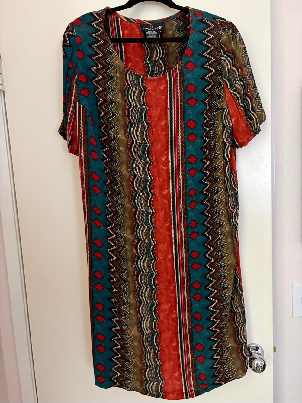 Carole Little Teal and Rust Aztec-Striped Midi Dress